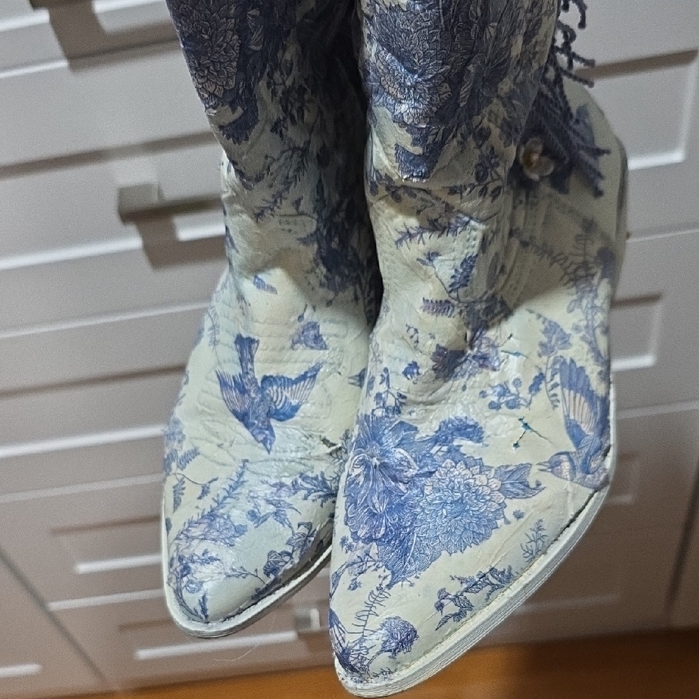 Floral Blue Fringe Women's Boots - Picture 6 of 8
